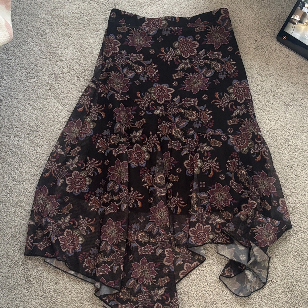 Adina LV Floral Handkerchief Hem Midi Skirt - Black with Mauve Floral